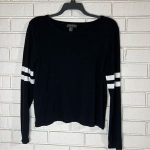 Forever 21 3X Black Cropped Varsity Sweater White Arm Stripes